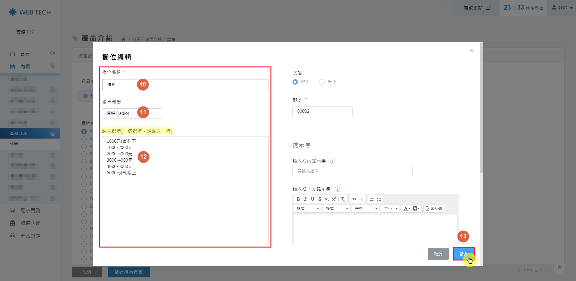 選項內容輸入範例