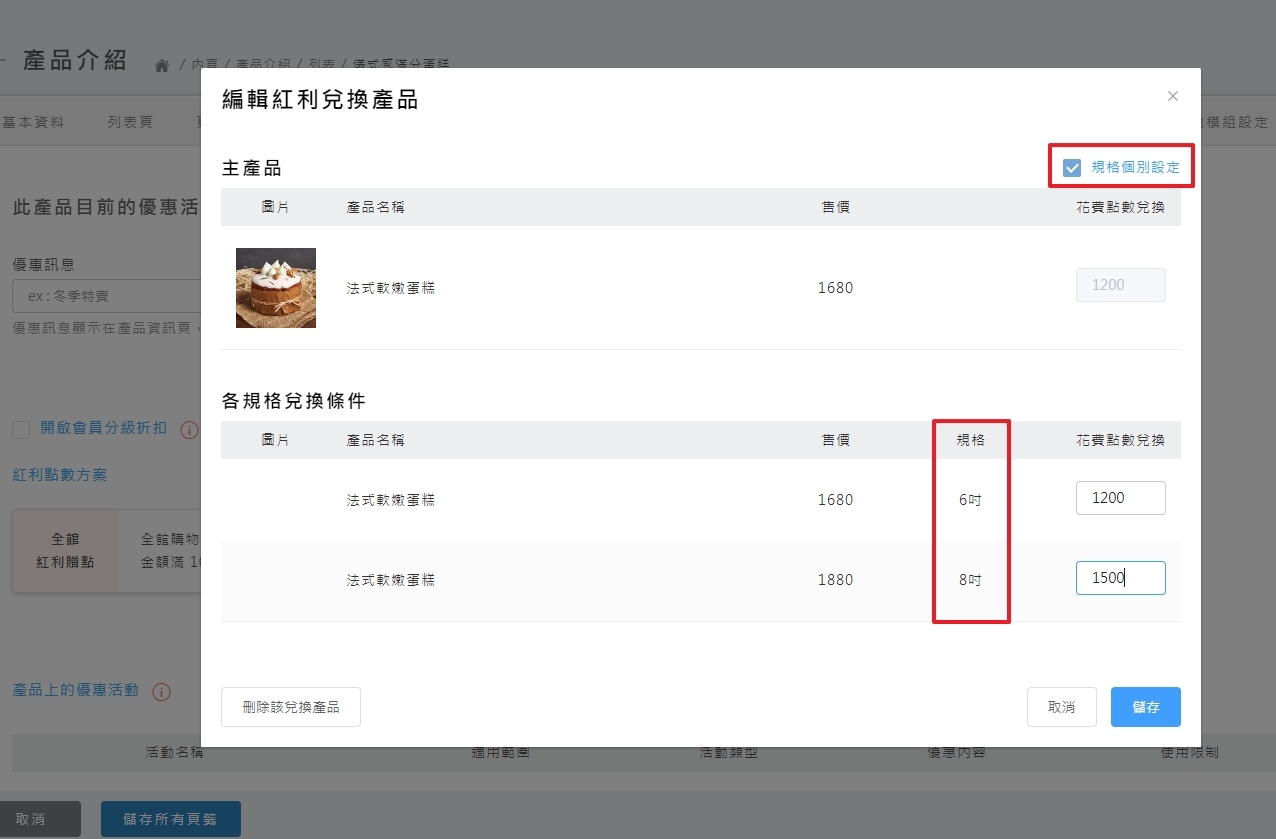 不同規格之個別點數設定